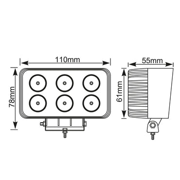 Faro de trabajo rectangular 6 led - 1200 lm - 18w - 10 - 30v
