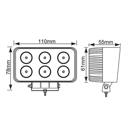 Faro de trabajo rectangular 6 led - 1200 lm - 18w - 10 - 30v