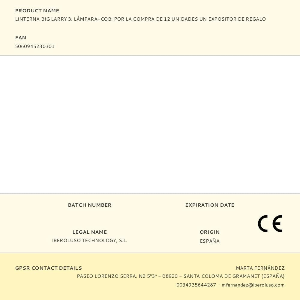Linterna big larry 3. lámpara+cob - por la compra de 12 unidades un expositor de regalo