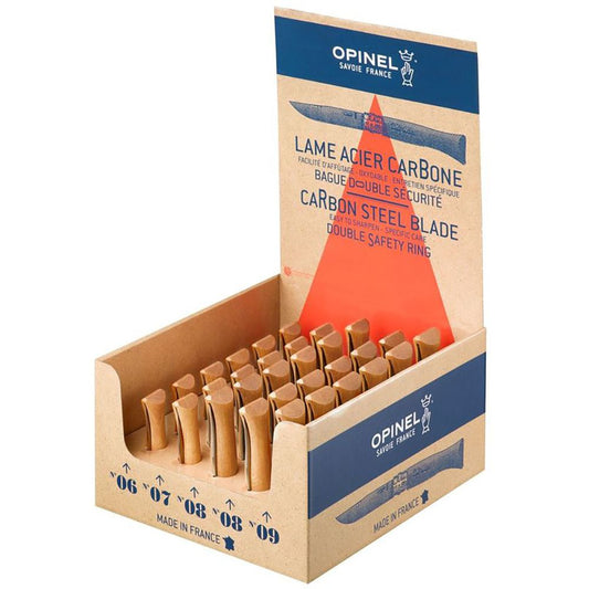 Expositor navajas opinel acero al carbono, 30 uds (nº6, nº7, nº9 6 uds - nº8 12 uds de cada numero)