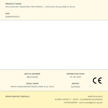 Pila alkalina industrial pro power c - lr14 (caja 20 uds) ø26,2 x 50 mm