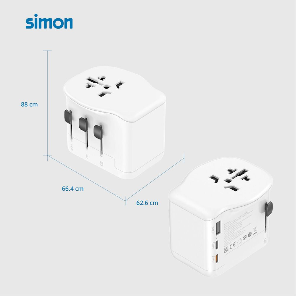 Adaptador viaje universal + 3 usb (1a+2c) 65 w