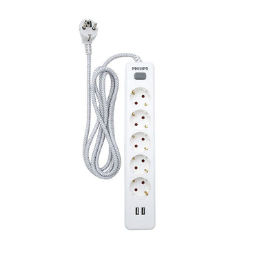 Base múltiple 5 tomas schuko, con interruptor + 2 usb a, 2 m cable, 16a 230v~, blanca