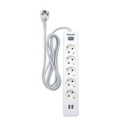 Base múltiple 5 tomas schuko, con interruptor + 2 usb a, 2 m cable, 16a 230v~, blanca