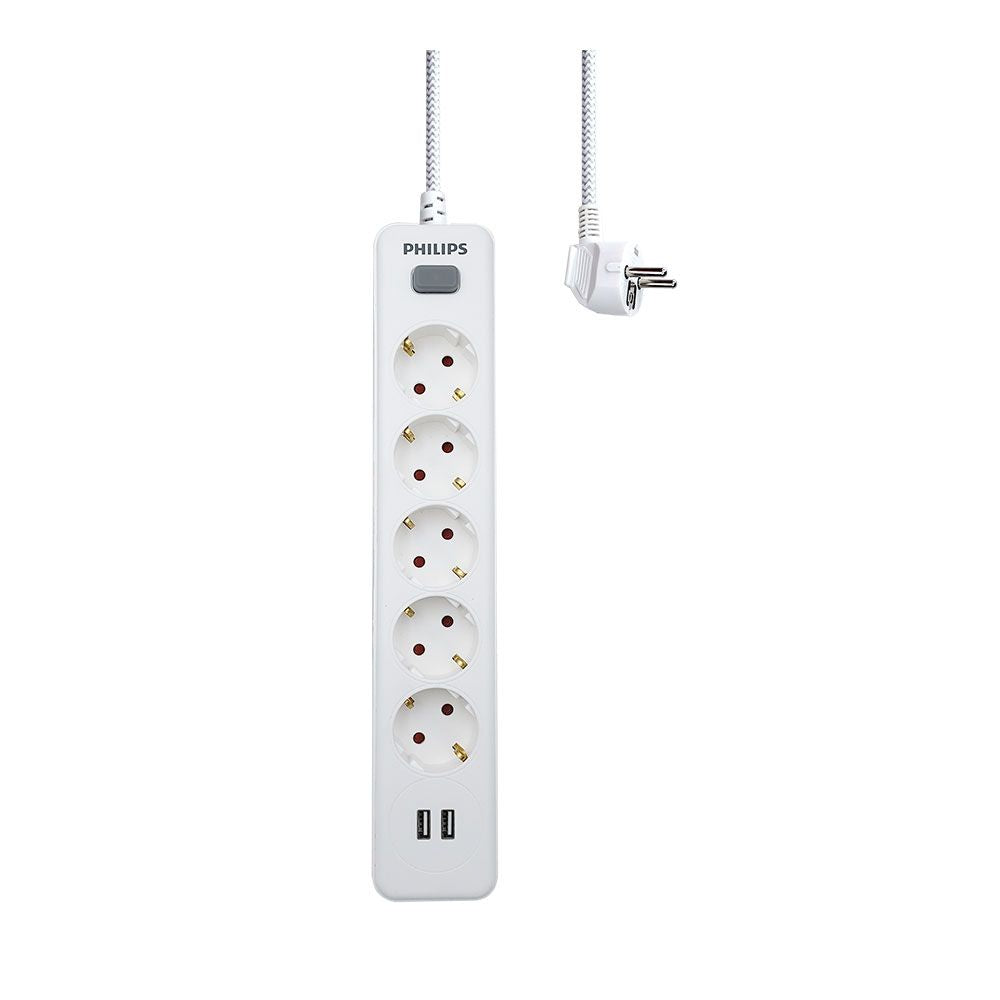 Base múltiple 5 tomas schuko, con interruptor + 2 usb a, 2 m cable, 16a 230v~, blanca