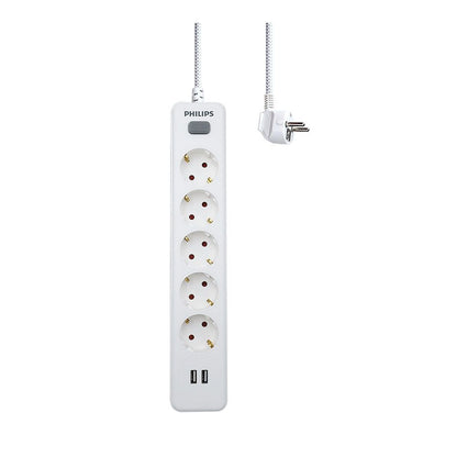Base múltiple 5 tomas schuko, con interruptor + 2 usb a, 2 m cable, 16a 230v~, blanca