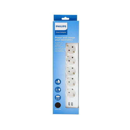 Base múltiple 5 tomas schuko, con interruptor + 2 usb a, 2 m cable, 16a 230v~, blanca