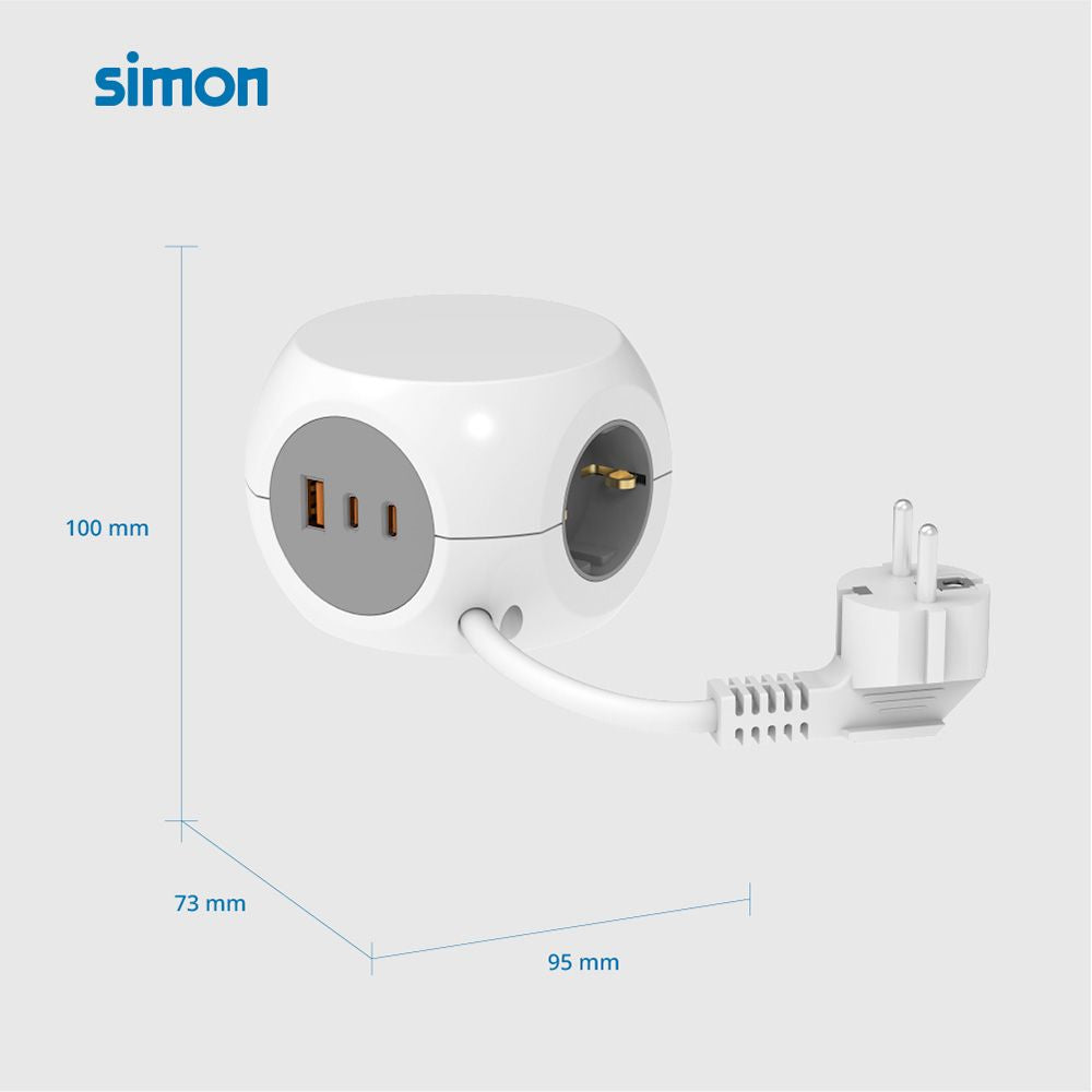 Base múltiple combiball con 3 tomas schuko 16 a + 1 usb a + 2 usb c, 30 w, blanca
