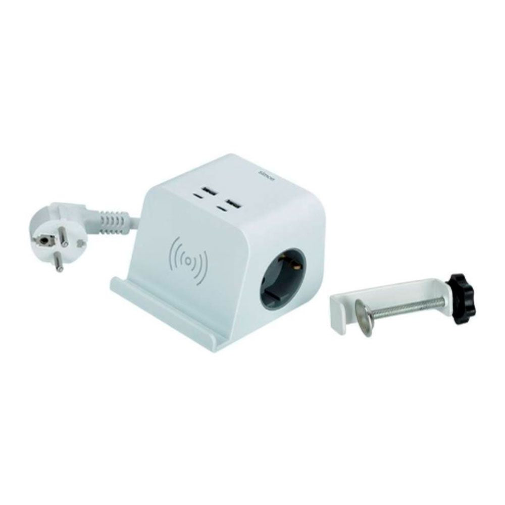 Base combiflat 2 tomas schuko 16a 250 v ~ + 2 usb a + 2 usb c + carga inalámbrica con soporte y fijación blanca