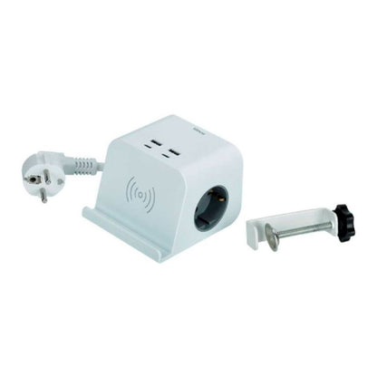 Base combiflat 2 tomas schuko 16a 250 v ~ + 2 usb a + 2 usb c + carga inalámbrica con soporte y fijación blanca
