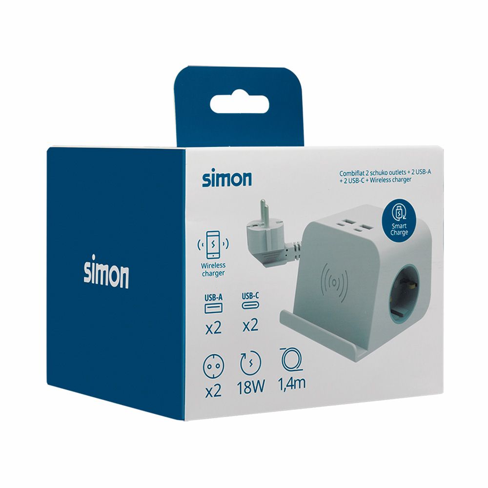 Base combiflat 2 tomas schuko 16a 250 v ~ + 2 usb a + 2 usb c + carga inalámbrica con soporte y fijación blanca