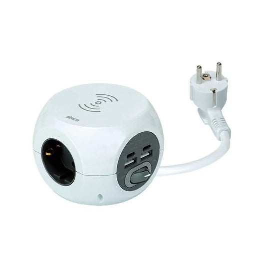 Combiball, carga inalámbrica + 3 tomas (2pt+t) + 2 usb a + 2 usb c, blanca.