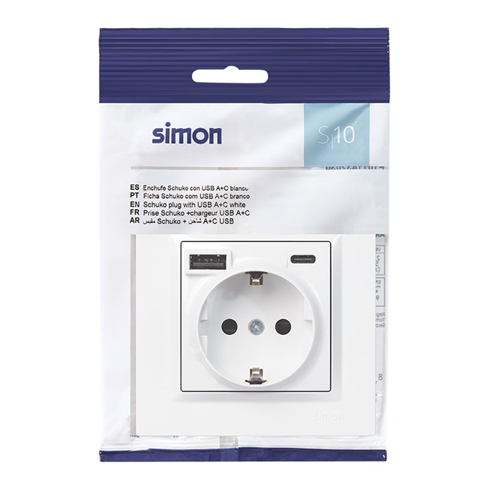 Base enchufe schuko + usb a + c 10,5 w 16 a 250 v~, simon 10, blanco