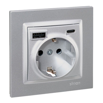 Base enchufe schuko + usb a + c 10,5 w 16 a 250 v~, simon 10, aluminio