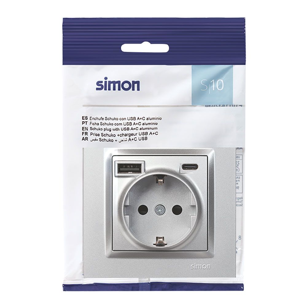 Base enchufe schuko + usb a + c 10,5 w 16 a 250 v~, simon 10, aluminio