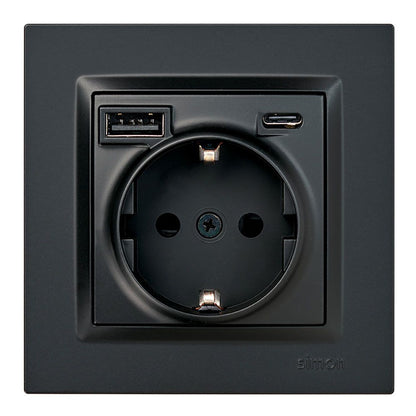 Base enchufe schuko + usb a + c 10,5 w 16 a 250 v~, simon 10, negro
