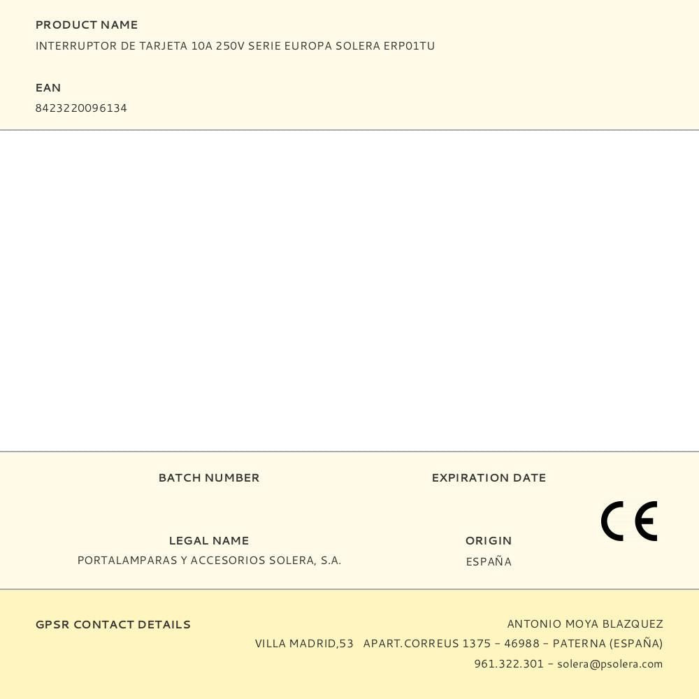 Interruptor de tarjeta 10a 250v serie europa solera erp01tu