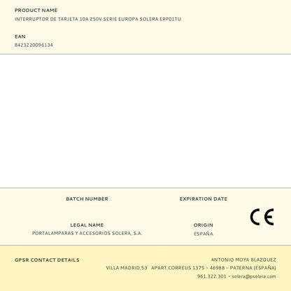 Interruptor de tarjeta 10a 250v serie europa solera erp01tu