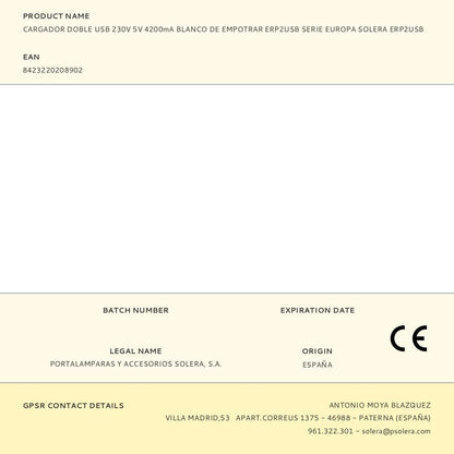 Cargador doble usb 230v 5v 4200ma blanco de empotrar erp2usb serie europa solera erp2usb