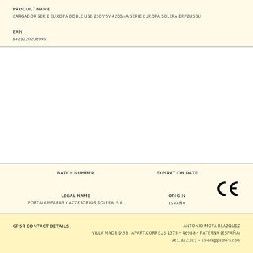 Cargador serie europa doble usb 230v 5v 4200ma serie europa solera erp2usbu