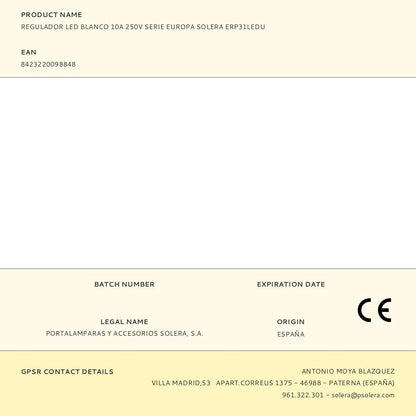 Regulador led blanco 10a 250v serie europa solera erp31ledu