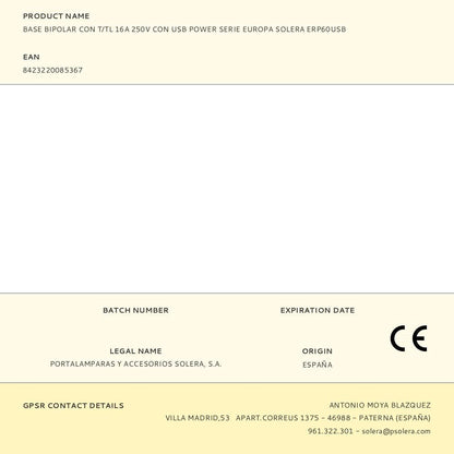 Base bipolar con t/tl 16a 250v con usb power serie europa solera erp60usb