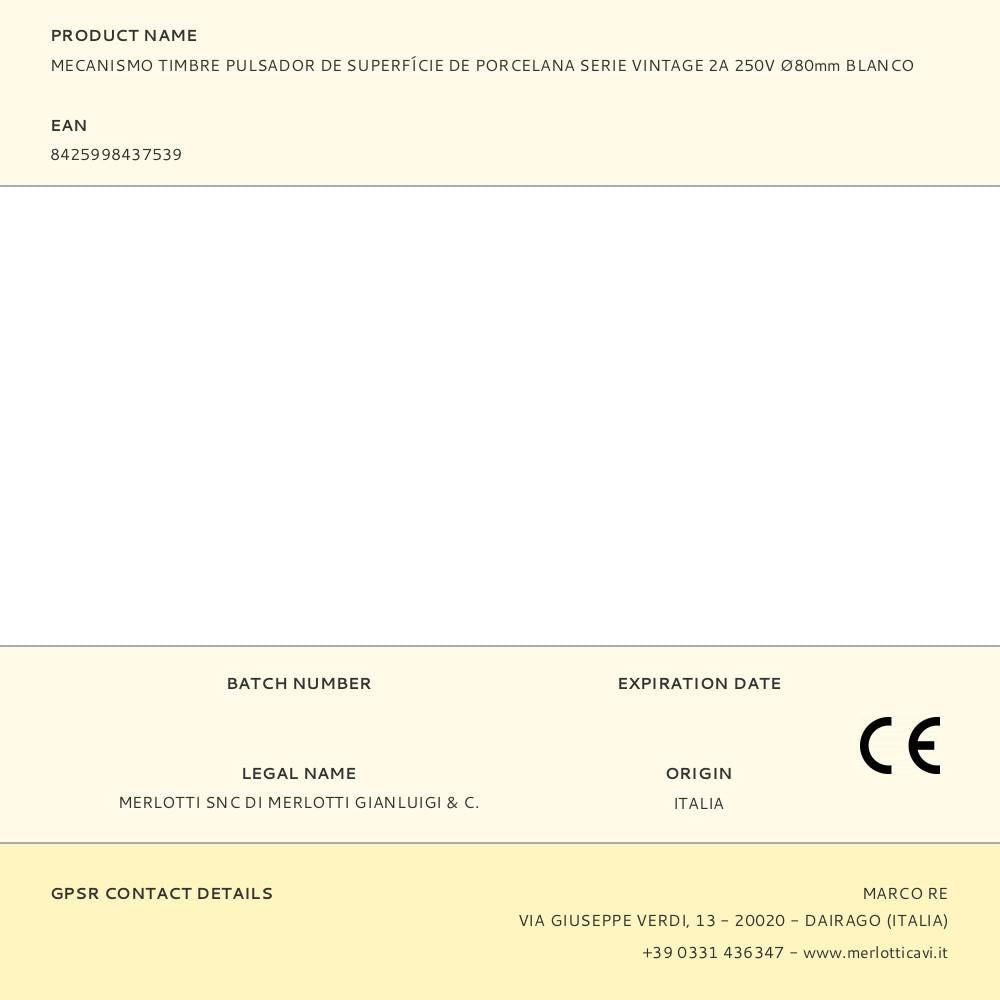 Mecanismo timbre pulsador de superfície de porcelana serie vintage 2a 250v ø80mm blanco
