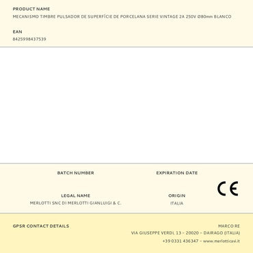 Mecanismo timbre pulsador de superfície de porcelana serie vintage 2a 250v ø80mm blanco