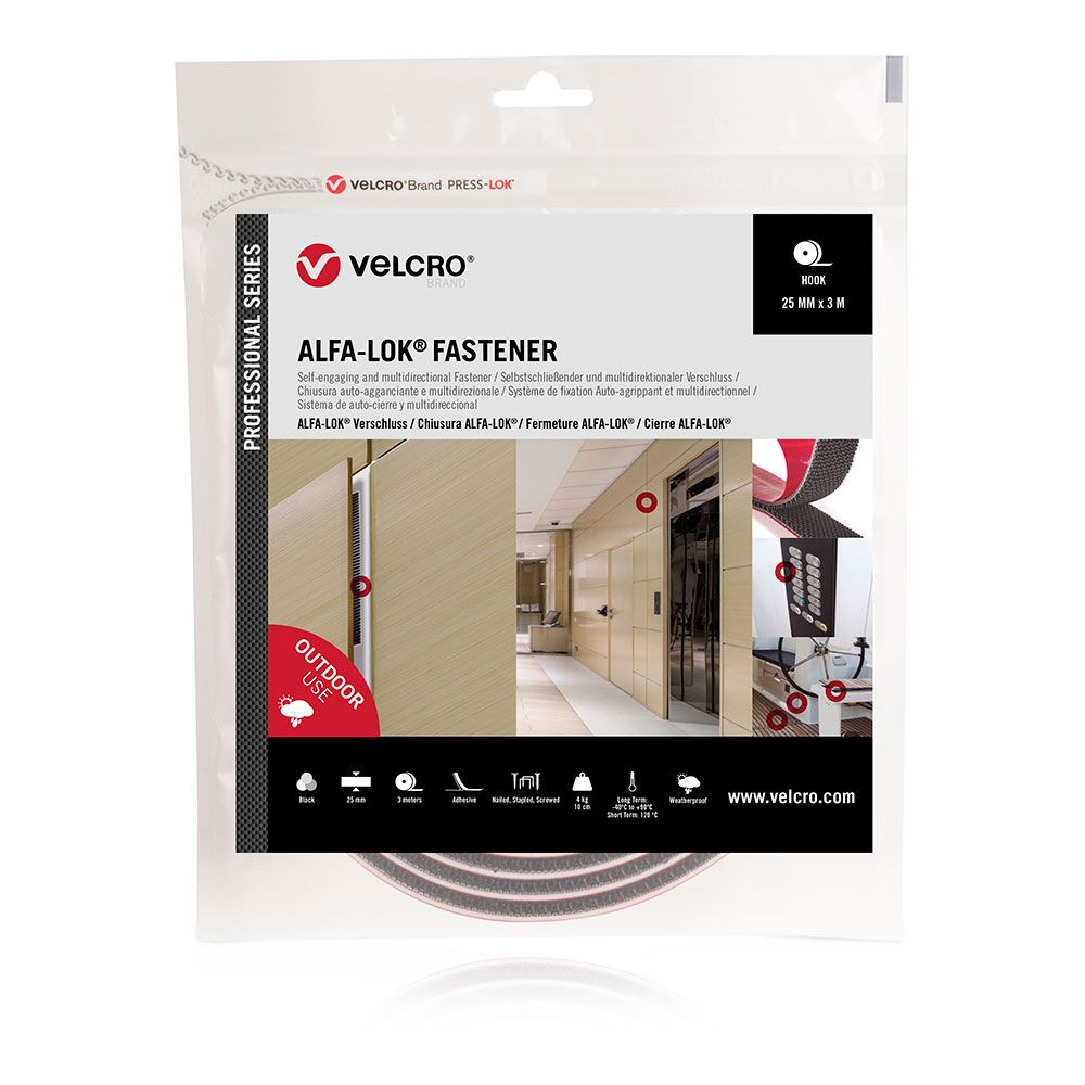 Cinta alfa-lok lineal de gancho negra 25mm x 3 m