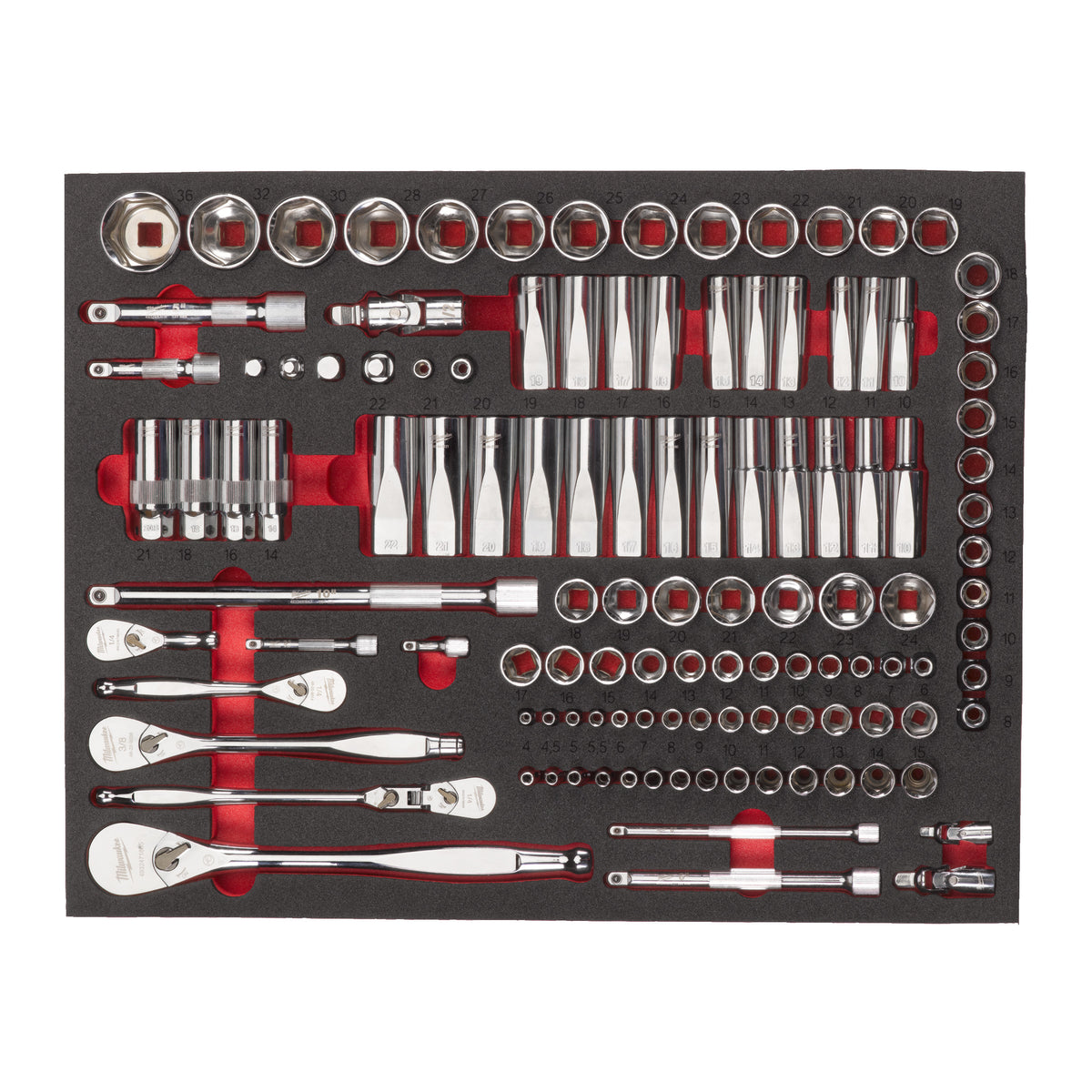 Milwaukee 3/3 espuma con llaves y vasos de 1/4", 3/8" y 1/2"