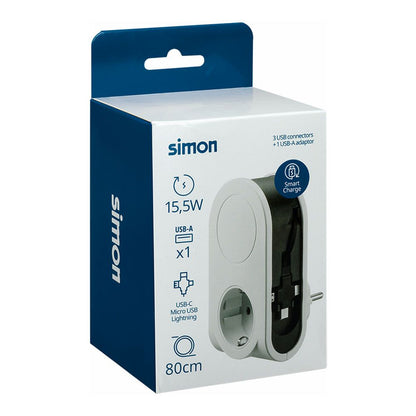 Adaptador 3 conectores usb + 1 usb a + 1 toma schuko 16a 250 v~ blanco