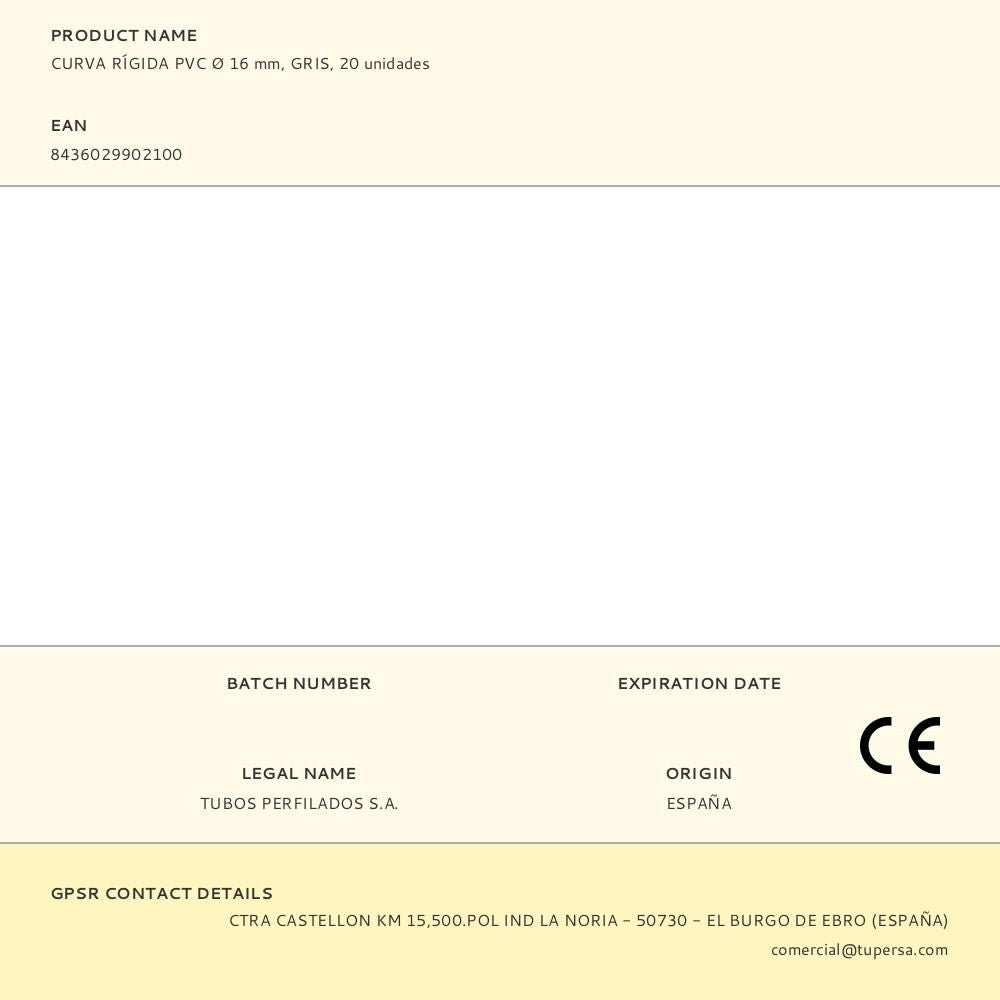 Curva rígida pvc ø 16 mm, gris, 20 unidades