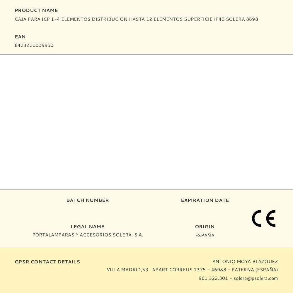 Caja para icp 1-4 elementos distribucion hasta 12 elementos superficie ip40 solera 8698