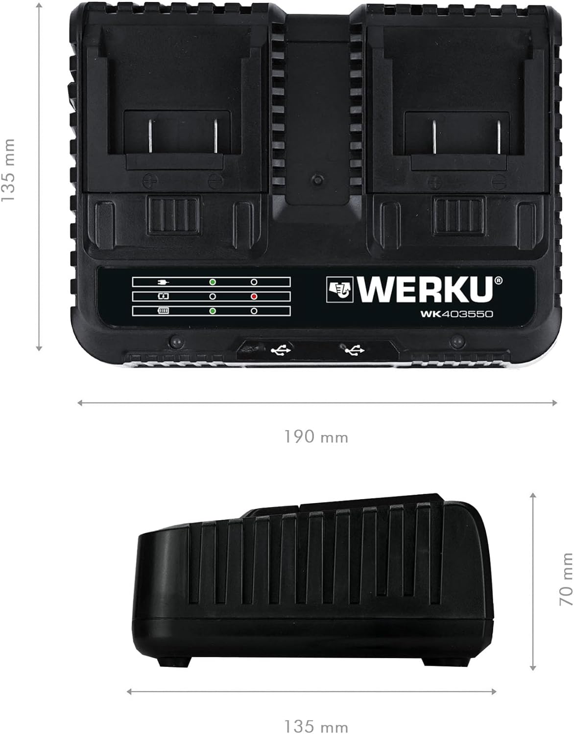Werku WK403550 Cargador Rápido Doble 20V 130W USB