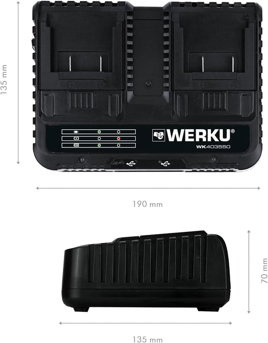 Werku WK403550 Cargador Rápido Doble 20V 130W USB