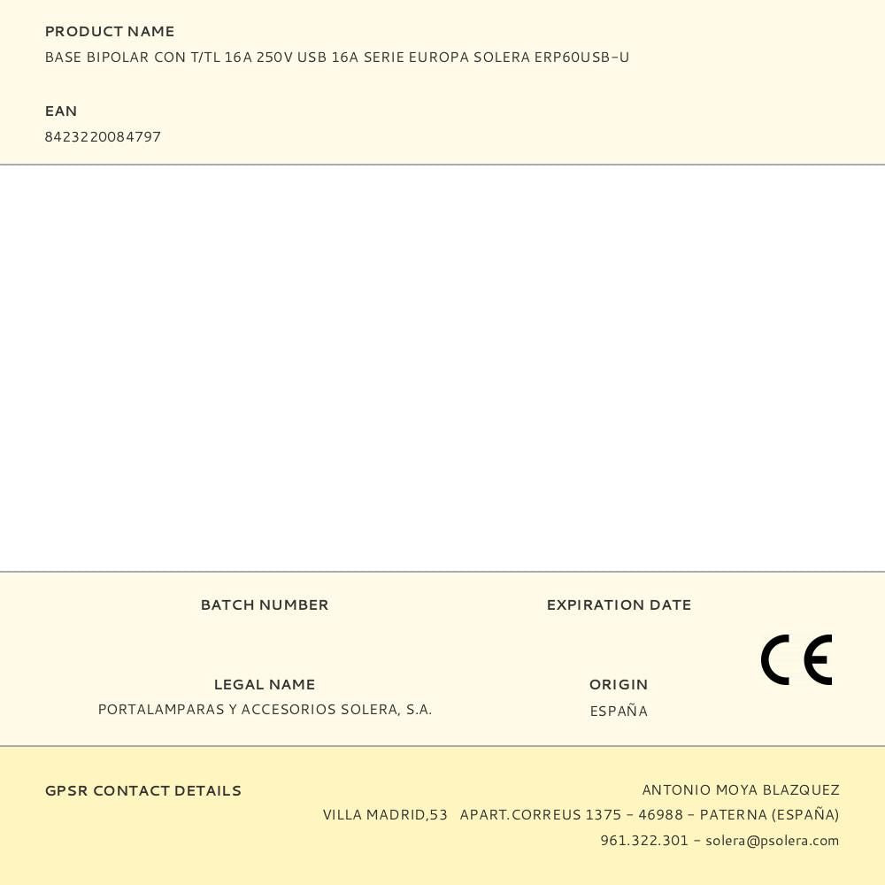 Base bipolar con t/tl 16a 250v usb 16a serie europa solera erp60usb-u