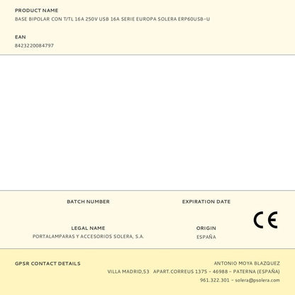 Base bipolar con t/tl 16a 250v usb 16a serie europa solera erp60usb-u