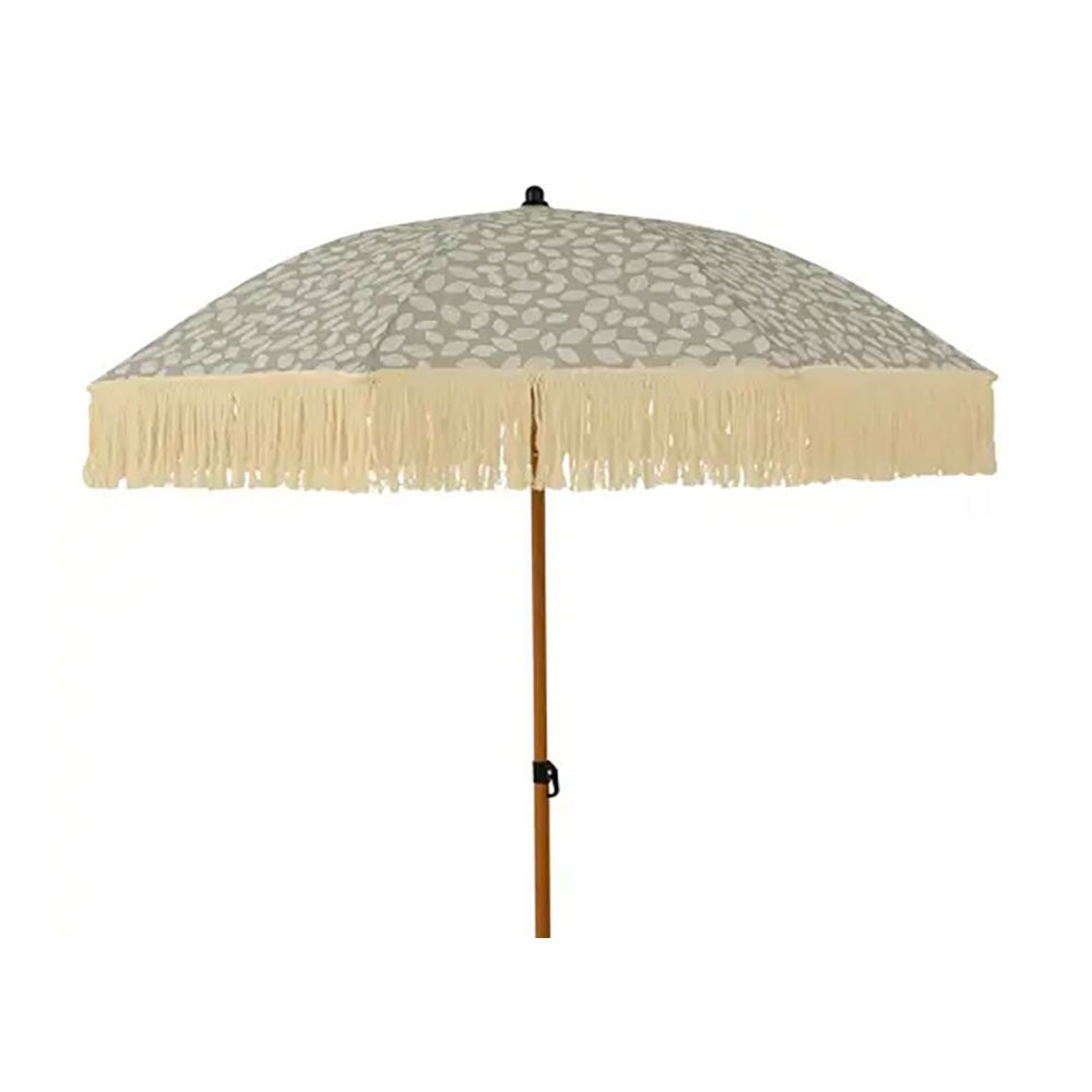 Parasol para jardín, verde con diseño de hojas y flecos beige, ø180 x 216 cm