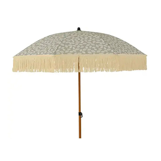 Parasol para jardín, verde con diseño de hojas y flecos beige, ø180 x 216 cm