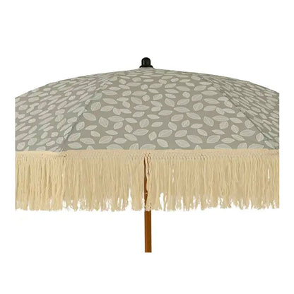 Parasol para jardín, verde con diseño de hojas y flecos beige, ø180 x 216 cm
