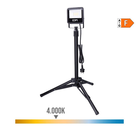 Foco proyector led con trípode, 30 w, 2370 lm, 4000 k, luz día, black series
