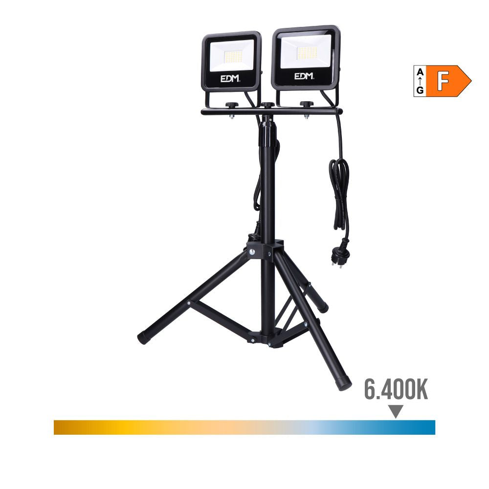 Foco proyector led con trípode, 2 x 30 w, 2 x 2370 lm, 6400 k, luz fría, black series