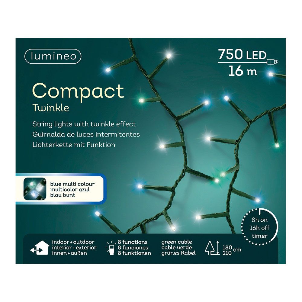 Guirnalda multifunción, uso exterior, led compact, multicolor azul, cable verde, 750 leds, 21 m