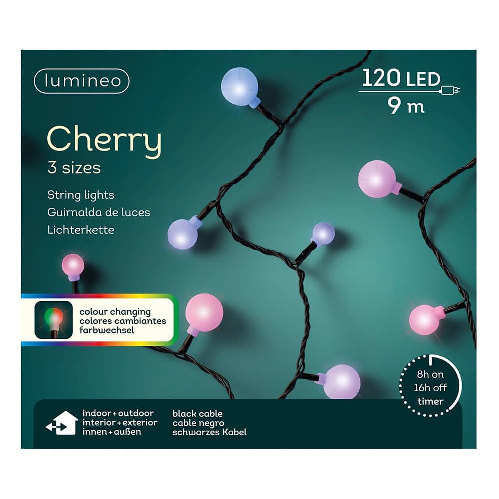 Guirnalda multifunción, uso exterior, cherry, multicolor, cable negro, 120 leds, 9 m
