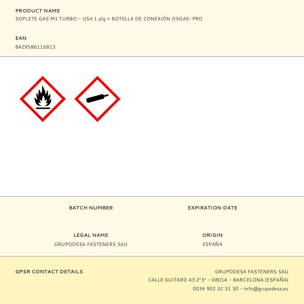 Soplete gas m1 turbo - usa 1 plg + botella de conexión dsgas-pro