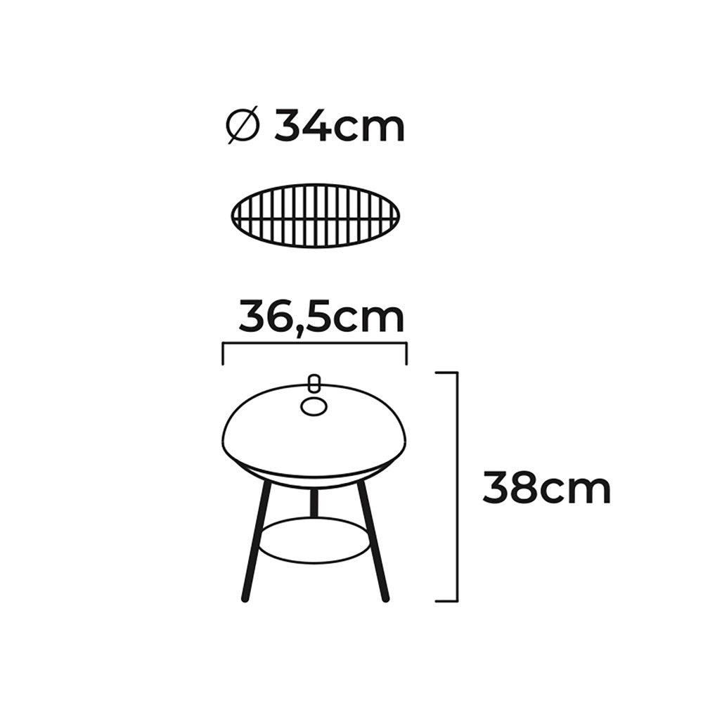 Barbacoa de carbón 3 patas, negra, ø36 x 38 cm