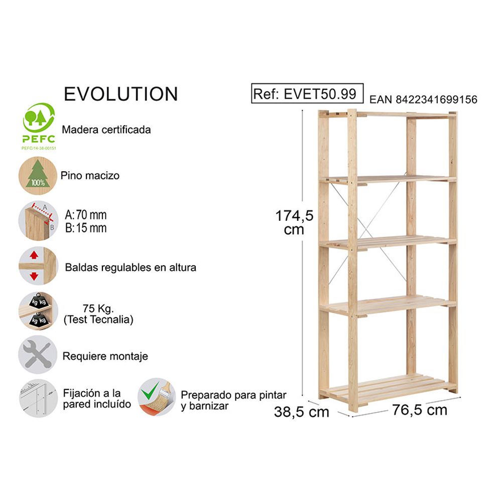 Estanteria alistonada evolution 5 pino macizo 76,5 x 38,5 x 174,5 cm