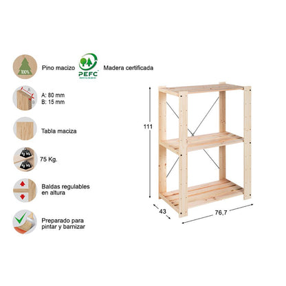 Estanteria alistonada evolution 3 pino macizo 111 x 76,7 x 43 cm