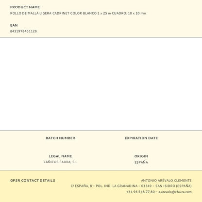 Rollo de malla ligera cadrinet cuadro 10 x 10 mm color blanco, 1 x 25 m