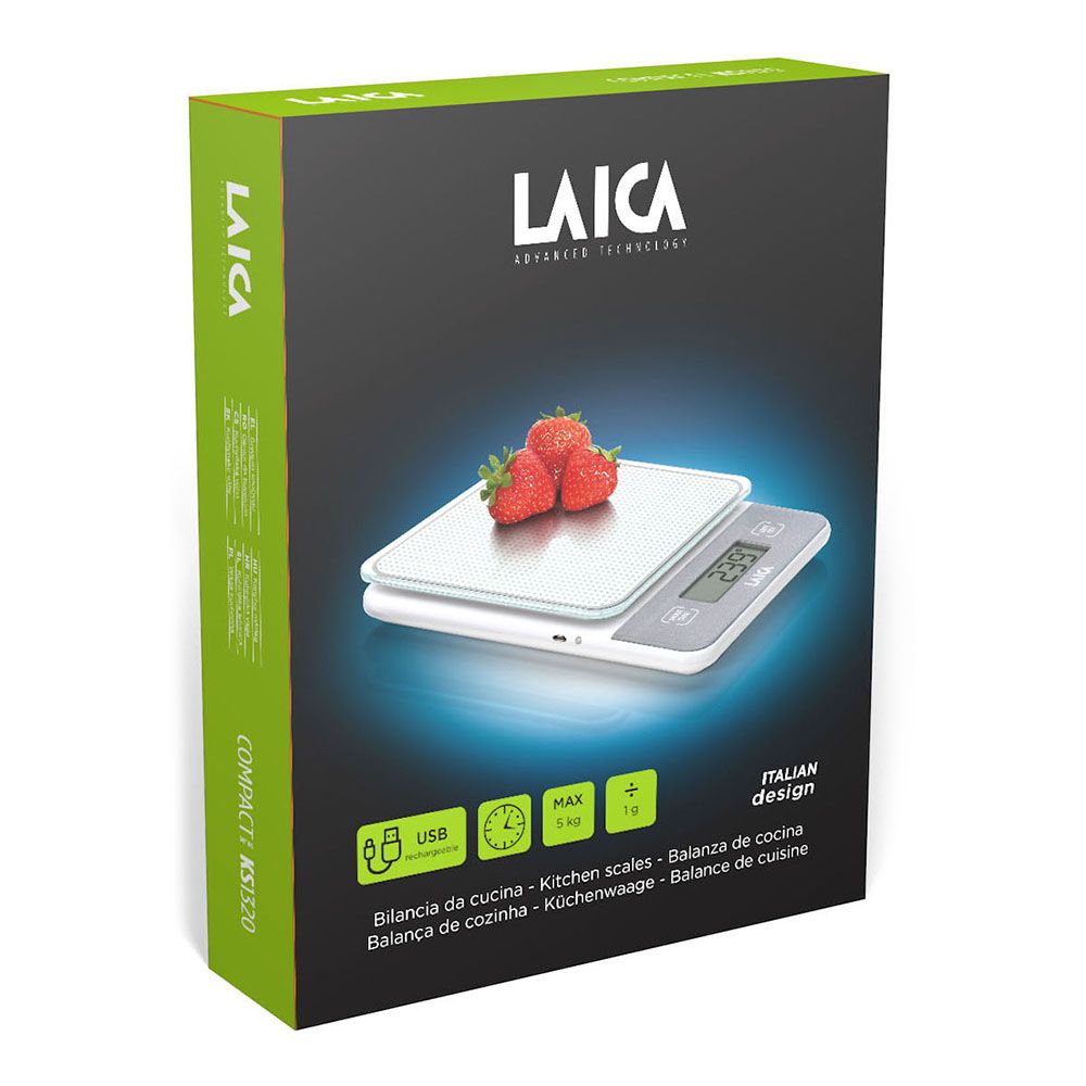 Báscula electronica de cocina, máximo 5kg. blanca con batería recargable